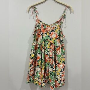 Patrons of Peace Sleeveless Green and Orange Ruffled Mini Dress Medium